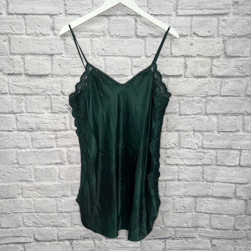 Vintage Inner Most Sissy Green Floral Lace Sheer Sides Chemise Size M Shiny 90s
